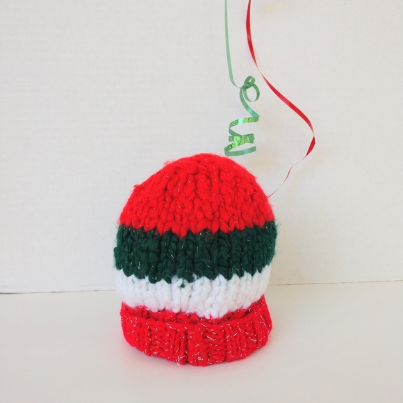 Beanie Baby Toddler Hand Crafted Christmas Hat Knit Red Green White - Picture 3 of 13